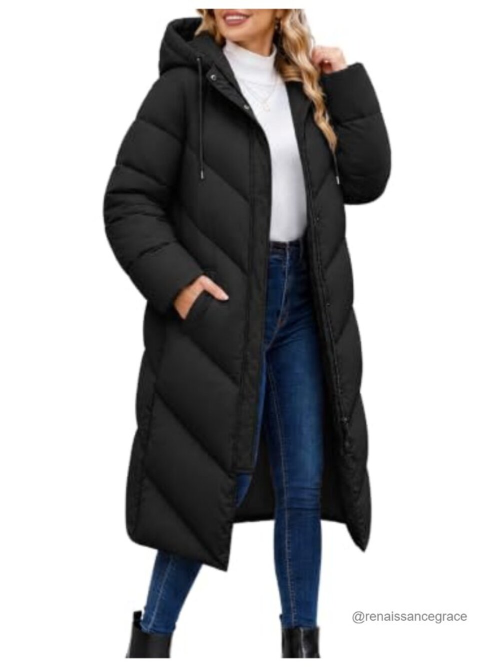 Women's Long Puffer Coat Quilted Chevron Hooded Maxi Winter Jacket